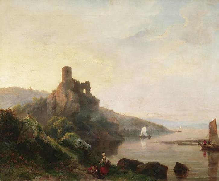 Romantic Rhine landscape with ruin at sunset